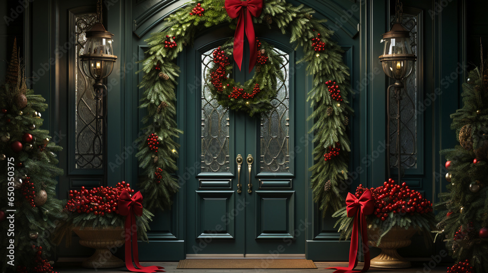 Home Decorated with Christmas Sparkle. Welcoming Christmas Entryway Home Decorated with Christmas Sparkle. Welcoming Christmas Entryway