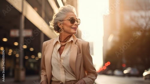 Portrait of a graceful, smiling mature American woman with silvery-white hair in an elegant beige suit, strolling down a city street. The bustling city as backdrop. Generative AI