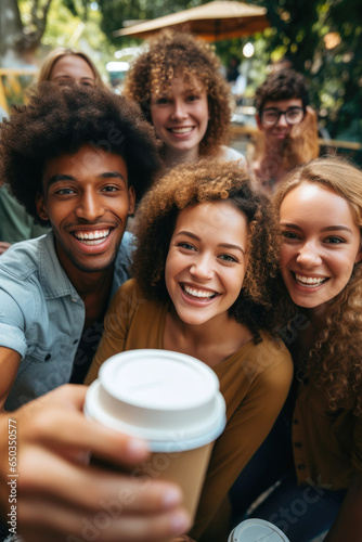 Friends taking a selfie holding coffee cups. Generative AI