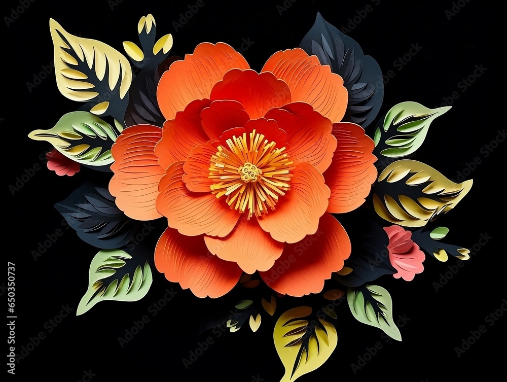 Artistic Contrast: Crafted Paper Orange Flower on Black Background