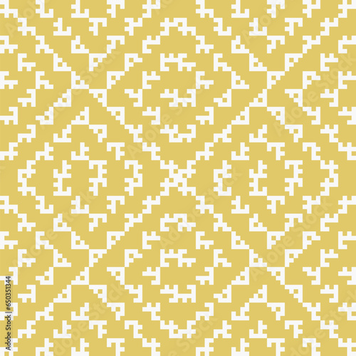 Abstract ethnic geometric seamless pattern. Vector geometric texture in yellow gold color. Traditional folk ornament. Simple retro vintage background. Elegant knit pattern. Repeat luxury geo design