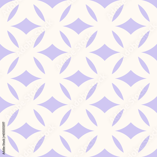 Vector geometric seamless pattern in retro vintage style. Abstract texture with curved shapes, diamonds, grid, mesh, net. Stylish elegant geometrical background. Trendy lilac and white color design