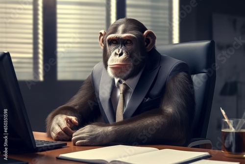 Monkey wearing suit in office , Businessman monkey sitting at office Generative AI