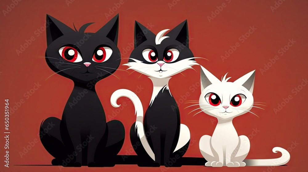 Obraz premium three black cats with red eyes sitting next to each other. generative ai