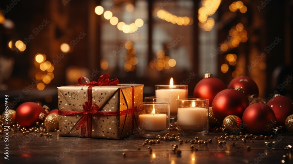 A festive table adorned with candles and Christmas ornaments