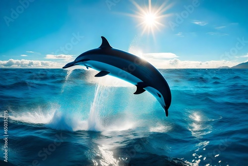 close up view, beautiful oceans, the dolphin jumping on the surface of the blue water