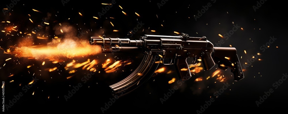 firing assault riffle shooting firepower bullets isolated on black background for special operations and tactical team concepts as banner with copyspace area, Generative AI - obrazy, fototapety, plakaty 