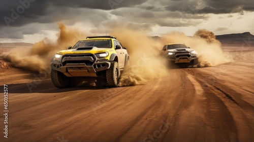 thrill of off-road racing as an SUV conquers a challenging gravel road in the evening light. © pvl0707