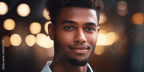 Portrait of a smiling African American businessman with a positive mindset, achieving career success in the city. Professional headshot with copy space...