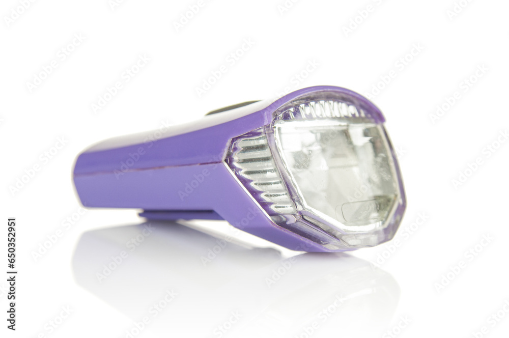 Plastic flashlight for bicycle on a white background Plastic flashlight for bicycle on a white background