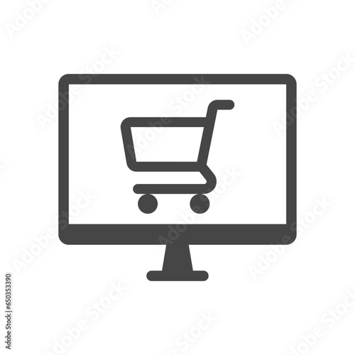 Computer display with shopping cart flat icon, vector sign, isolated on white. Online shopping basket symbol, logo illustration.
