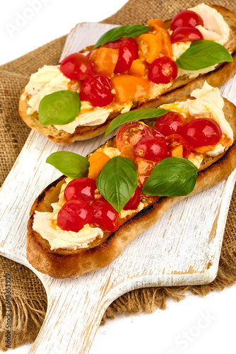 Spanish Tapas and Pinchos with mascarpone cheese, isolated on white background. High resolution image.