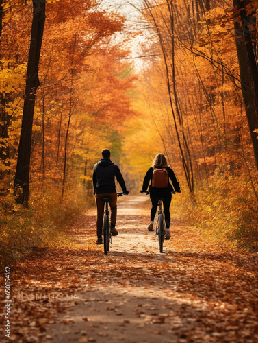 A Photo of a Couple Taking a Romantic Bike Ride on a Trail Adorned with Fall Colors © Nathan Hutchcraft