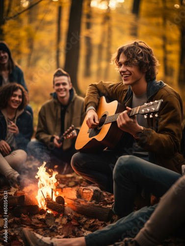 A Photo of a Teenager Playing Guitar, with Friends Around a Campfire, Surrounded by Autumn Woods