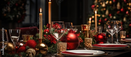 Christmas Dinner Table Set with Elegant Decorations photo
