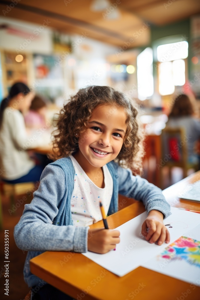 Girl with a happy smile while taking art lesson in an elementary school. Generative AI Girl with a happy smile while taking art lesson in an elementary school. Generative AI