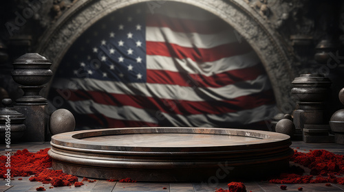 Happy Independence Day, 4th of July celebration concept with decorations on wooden table over USA flag.
