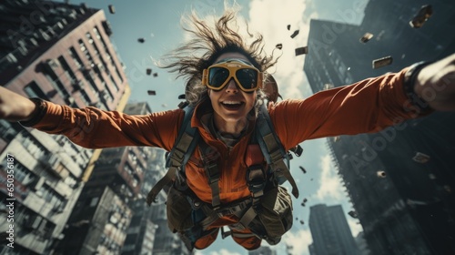 A young  happy woman skydiver soars in the city with an unopened parachute  embracing the thrill of urban flight.
