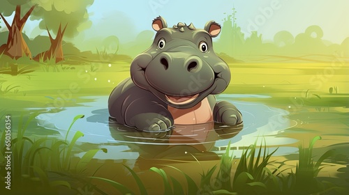  a hippopotamus in a pond with trees in the background.  generative ai
