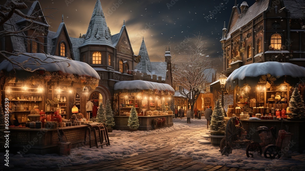 Christmas Market Scenery with Lights and Decorations