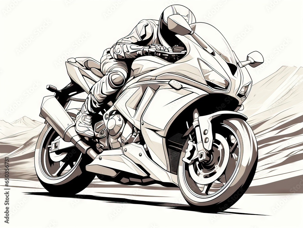  a drawing of a person riding a motorcycle on a road.  generative ai
