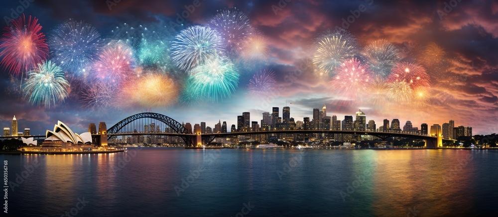 New Year's Eve Fireworks Display Over City Skyline