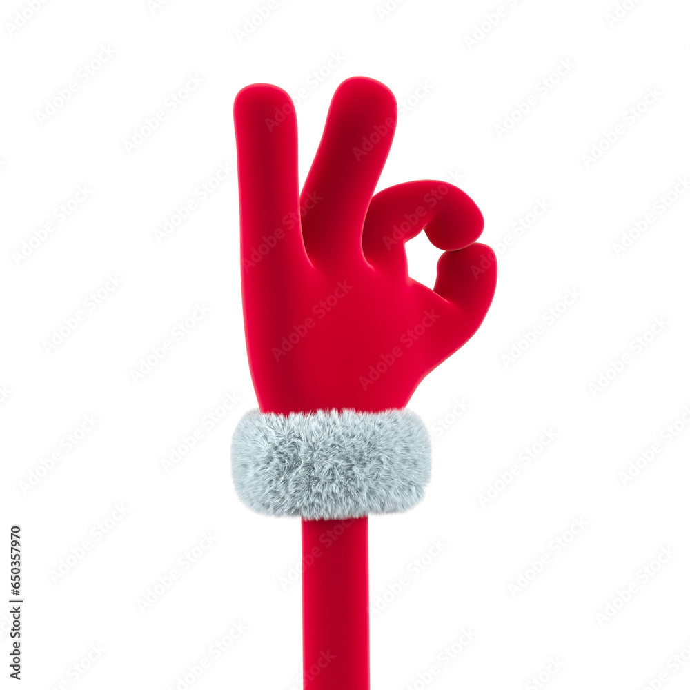 Santa hand showing okay gesture. Showing hand agree in Christmas and New Year Day event concept. 3d rendering Santa hand showing okay gesture. Showing hand agree in Christmas and New Year Day event concept. 3d rendering