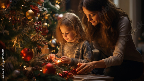 family, winter holidays and people concept - happy mother and little daughter decorating christmas tree at home.