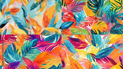  a painting of colorful tropical leaves on a white background with a blue sky in the background.  generative ai