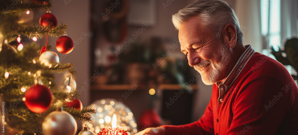 Senior Man near a Christmas tree. Senior Man near a Christmas tree.