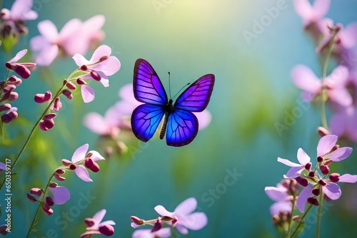 beautiful flower, fresh spring morning,pink and purple wild peas, on nature, blue and pink burtterfly on soft green background
