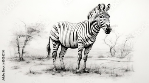  a black and white drawing of a zebra in the wild.  generative ai