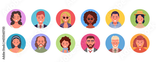 Set of diverse people avatars. Vector illustration of multiethnic user portraits in circles. Male and female human face icons.
