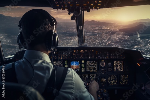 A man is seen sitting in the cockpit of a plane. This image can be used to depict aviation, flying, piloting, or the experience of being in a cockpit.