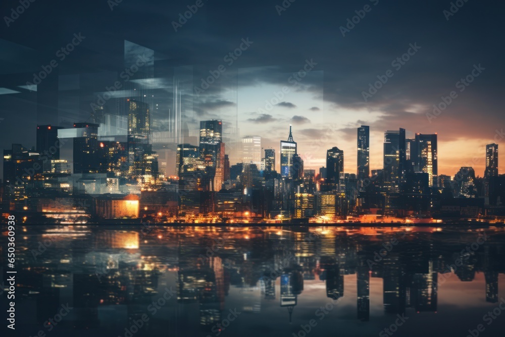 A captivating view of a city at night, with its shimmering lights reflecting on the water. This image can be used to depict the beauty and vibrancy of urban life. Ideal for cityscape enthusiasts and t