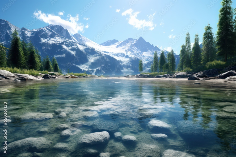 A serene image of a river flowing through a scenic landscape with rocks ...