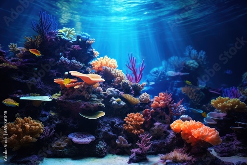 A vibrant aquarium showcasing a diverse collection of fish and corals. Perfect for adding a touch of marine beauty to any project or publication.