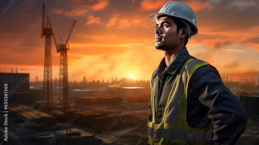 A skilled engineer in a yellow vest and hardhat works at a construction site. A skilled engineer in a yellow vest and hardhat works at a construction site.