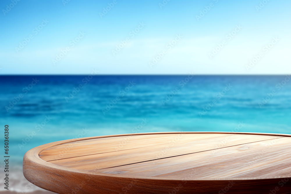 Round wooden table with the beautiful blue ocean and sky in the background. Perfect for presenting products like food or beverages. Generative AI