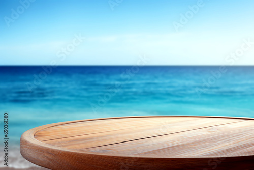 Round wooden table with the beautiful blue ocean and sky in the background. Perfect for presenting products like food or beverages. Generative AI