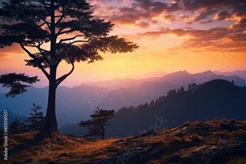 A beautiful lone tree stands tall on top of a mountain, illuminated by the warm hues of a sunset. This picture can be used to convey a sense of solitude, tranquility, and the beauty of nature's untouc