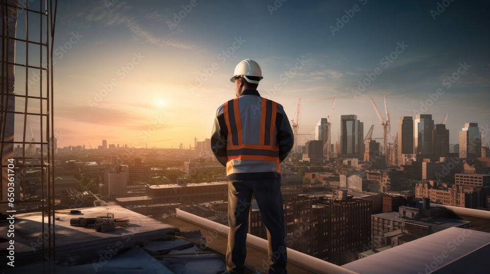 A skilled engineer in a yellow vest and hardhat works at a construction site. A skilled engineer in a yellow vest and hardhat works at a construction site.