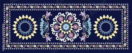 Suzani  - home interior element in the countries in the Central Asian region. Gorgeous shapes of flowers and plants decorate this carpet. Uzbekistan culture. 