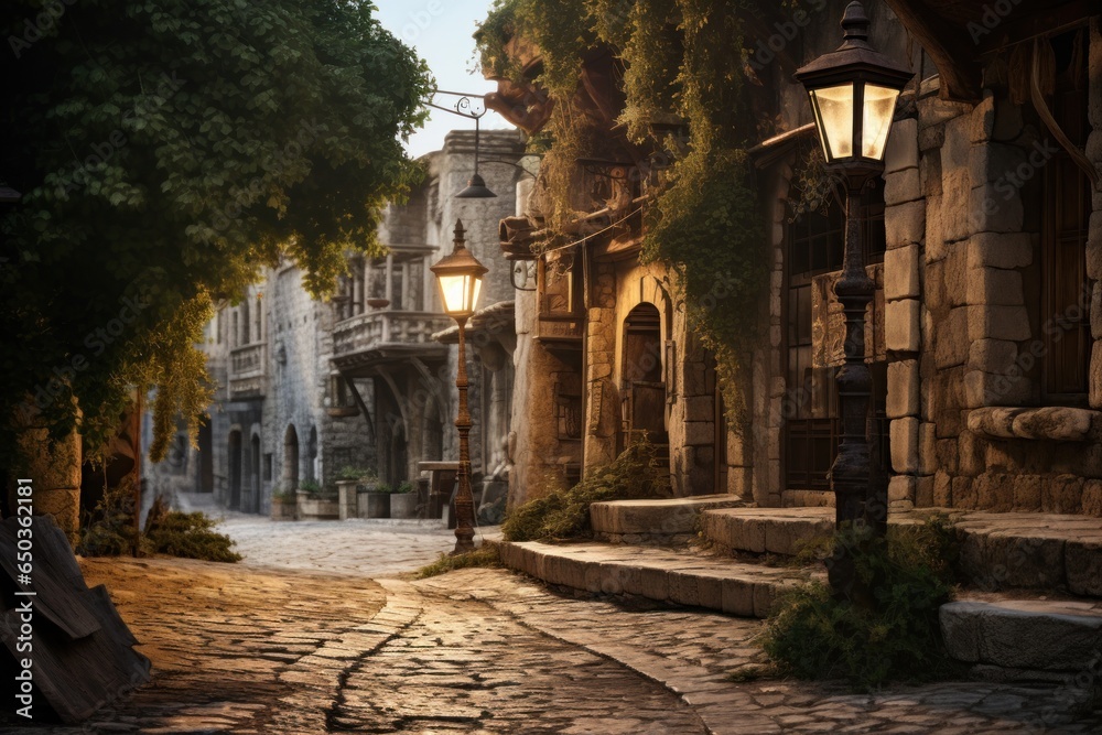 A picturesque cobblestone street with a vintage lamp post and stone steps. This image can be used to depict a charming old-town setting or as a background for historical or romantic themes.