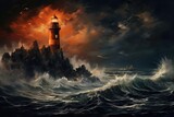 Lighthouse on a stormy sea at sunset. 3D rendering, An isolated iron lighthouse shining out to sea at night as it sits on a rocky stone island being battered by huge ocean waves, AI Generated