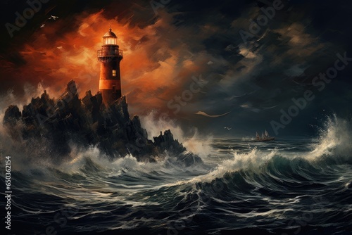 Lighthouse on a stormy sea at sunset. 3D rendering, An isolated iron lighthouse shining out to sea at night as it sits on a rocky stone island being battered by huge ocean waves, AI Generated