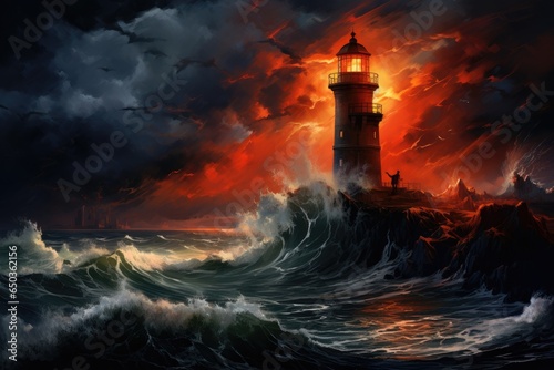 Lighthouse on a stormy seascape. 3D rendering, An isolated iron lighthouse shining out to sea at night as it sits on a rocky stone island being battered by huge ocean waves, AI Generated