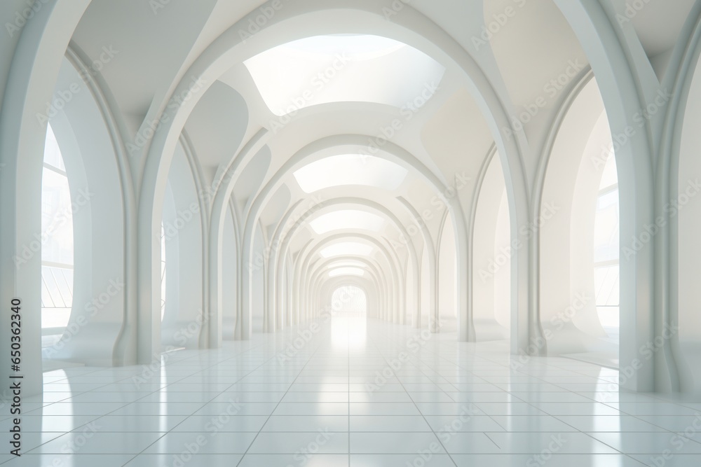 An empty white room with arches and windows. Can be used as a blank canvas for various design concepts.