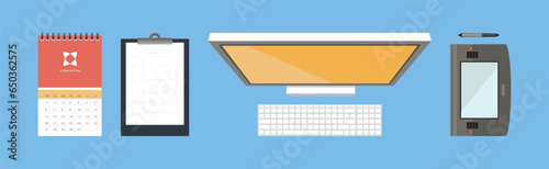 Office Object and Business Workflow Items on Blue Background Vector Set