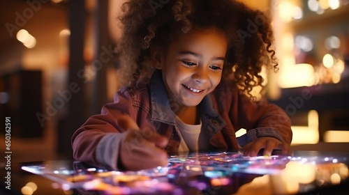 A cute smiling mixed race black girl child with an afro holding a portable tablet device futuristic technology, hologram screen, AI, chat box, robot  photo